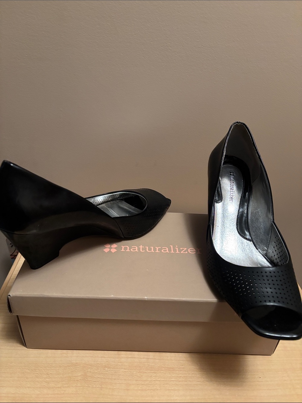 Naturalizer Black Peep-Toe Wedge Heels